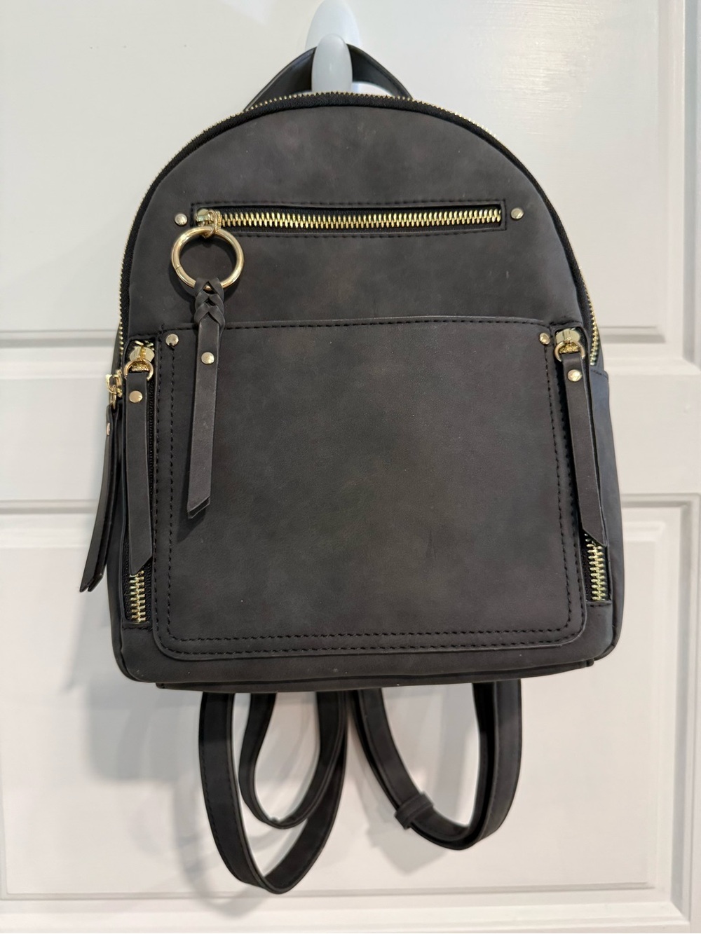 Black Faux Leather Mini Backpack Purse Gold Hardware